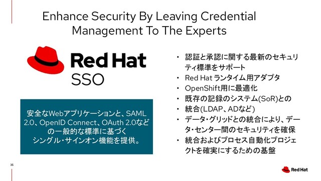 Enhance Security By Leaving Credential
Management To The Experts
• 認証と承認に関する最新のセキュリ
ティ標準をサポート
• Red Hat ランタイム用アダプタ
• OpenShift用に最適化
• 既存の記録のシステム(SoR)との
• 統合(LDAP、ADなど)
• データ・グリッドとの統合により、デー
タ・センター間のセキュリティを確保
• 統合およびプロセス自動化プロジェ
クトを確実にするための基盤
安全なWebアプリケーションと、SAML
2.0、OpenID Connect、OAuth 2.0など
の一般的な標準に基づく
シングル・サインオン機能を提供。
SSO
35
