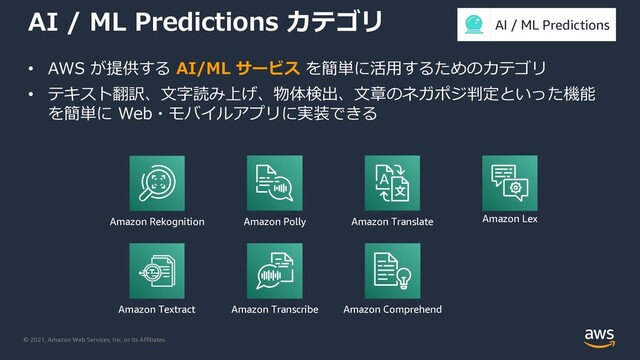 © 2021, Amazon Web Services, Inc. or its Affiliates.
AI / ML Predictions カテゴリ
• AWS が提供する AI/ML サービス を簡単に活⽤するためのカテゴリ
• テキスト翻訳、⽂字読み上げ、物体検出、⽂章のネガポジ判定といった機能
を簡単に Web・モバイルアプリに実装できる
Amazon Rekognition
Amazon Textract Amazon Transcribe
Amazon Polly Amazon Translate
Amazon Comprehend
Amazon Lex
AI / ML Predictions
