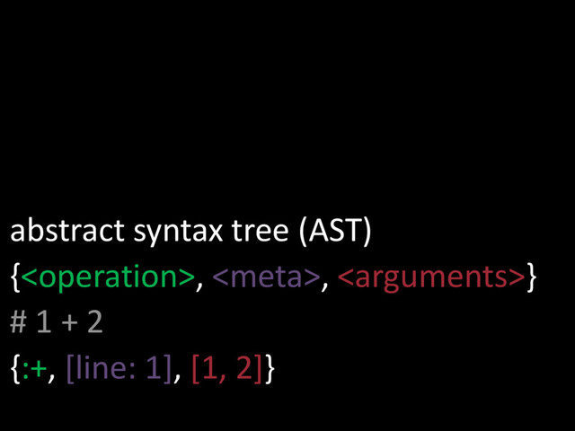abstract syntax tree (AST)
{, , }
# 1 + 2
{:+, [line: 1], [1, 2]}
