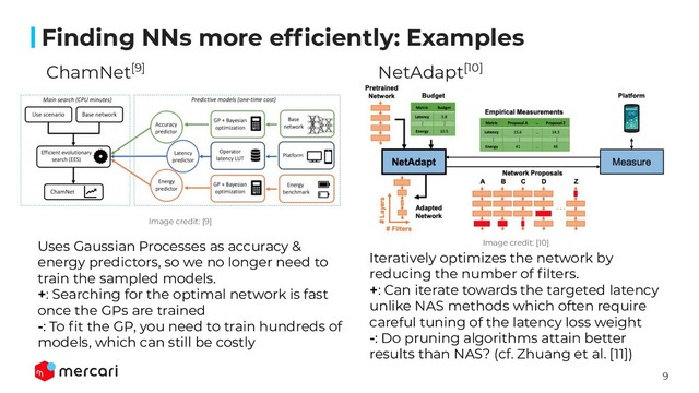 9
Conﬁdential - Do Not Share
ChamNet[9]
Finding NNs more efﬁciently: Examples
Iteratively optimizes the network by
reducing the number of ﬁlters.
+: Can iterate towards the targeted latency
unlike NAS methods which often require
careful tuning of the latency loss weight
-: Do pruning algorithms attain better
results than NAS? (cf. Zhuang et al. [11])
Uses Gaussian Processes as accuracy &
energy predictors, so we no longer need to
train the sampled models.
+: Searching for the optimal network is fast
once the GPs are trained
-: To ﬁt the GP, you need to train hundreds of
models, which can still be costly
NetAdapt[10]
Image credit: [9]
Image credit: [10]
