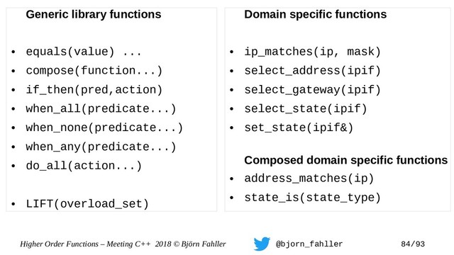 Higher Order Functions – Meeting C++ 2018 © Björn Fahller @bjorn_fahller 84/93
Domain specific functions
●
ip_matches(ip, mask)
●
select_address(ipif)
●
select_gateway(ipif)
●
select_state(ipif)
●
set_state(ipif&)
Composed domain specific functions
●
address_matches(ip)
●
state_is(state_type)
Generic library functions
●
equals(value) ...
●
compose(function...)
●
if_then(pred,action)
●
when_all(predicate...)
●
when_none(predicate...)
●
when_any(predicate...)
●
do_all(action...)
●
LIFT(overload_set)
