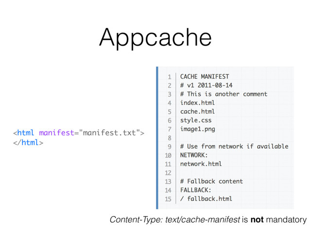 Appcache


Content-Type: text/cache-manifest is not mandatory
