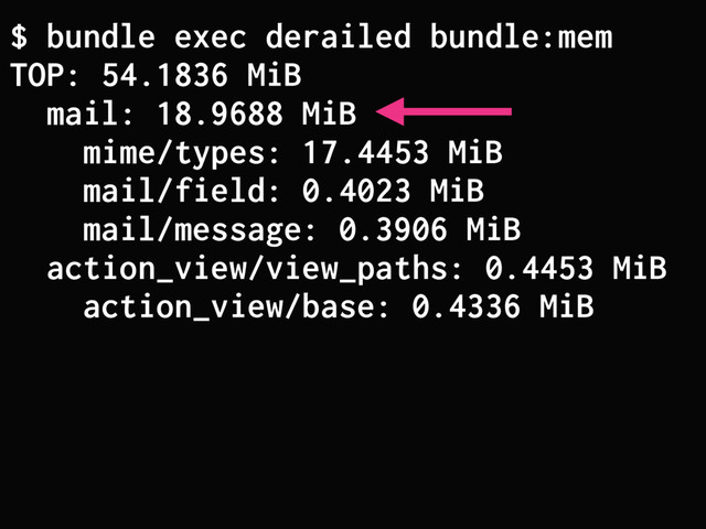 $ bundle exec derailed bundle:mem
TOP: 54.1836 MiB
mail: 18.9688 MiB
mime/types: 17.4453 MiB
mail/field: 0.4023 MiB
mail/message: 0.3906 MiB
action_view/view_paths: 0.4453 MiB
action_view/base: 0.4336 MiB
