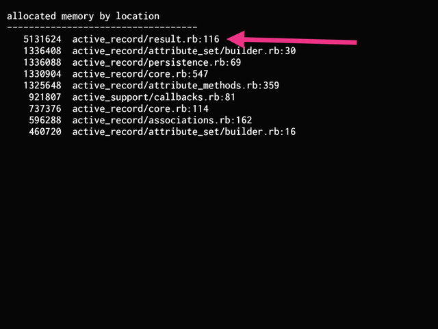 allocated memory by location
-----------------------------------
5131624 active_record/result.rb:116
1336408 active_record/attribute_set/builder.rb:30
1336088 active_record/persistence.rb:69
1330904 active_record/core.rb:547
1325648 active_record/attribute_methods.rb:359
921807 active_support/callbacks.rb:81
737376 active_record/core.rb:114
596288 active_record/associations.rb:162
460720 active_record/attribute_set/builder.rb:16
