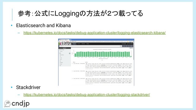 • Elasticsearch and Kibana
– https://kubernetes.io/docs/tasks/debug-application-cluster/logging-elasticsearch-kibana/
• Stackdriver
– https://kubernetes.io/docs/tasks/debug-application-cluster/logging-stackdriver/
参考：公式にLoggingの方法が２つ載ってる

