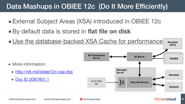 info@rittmanmead.com www.rittmanmead.com @rittmanmead
Data Mashups in OBIEE 12c (Do It More Efficiently)
28
•External Subject Areas (XSA) introduced in OBIEE 12c

•By default data is stored in flat file on disk

•Use the database-backed XSA Cache for performance

• More information:

• http://ritt.md/obiee12c-xsa-dss
• Doc ID 2087801.1
BI Server
BI Presentation
Server
Metadata
(RPD)
Metadata
Datasets
Managed 
Server
Data Set Service
Rest
API
XLSX files
etc
RDBMS
RDBMS
