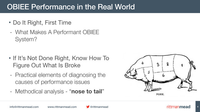 info@rittmanmead.com www.rittmanmead.com @rittmanmead
OBIEE Performance in the Real World
4
• Do It Right, First Time

- What Makes A Performant OBIEE
System?
• If It’s Not Done Right, Know How To
Figure Out What Is Broke

- Practical elements of diagnosing the
causes of performance issues
- Methodical analysis - “nose to tail”
