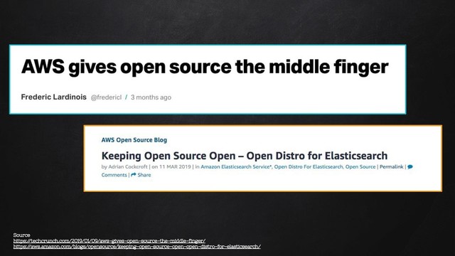 Source
https:/
/techcrunch.com/2019/01/09/aws-gives-open-source-the-middle-finger/
https:/
/aws.amazon.com/blogs/opensource/keeping-open-source-open-open-distro-for-elasticsearch/
