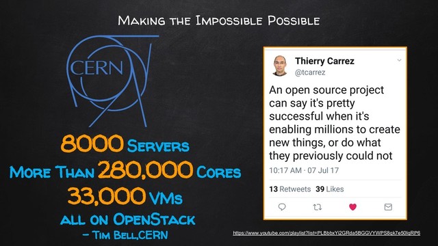 Making the Impossible Possible
8000 Servers
More Than 280,000 Cores
33,000 VMs
all on OpenStack
- Tim Bell,CERN https://www.youtube.com/playlist?list=PLBbbxYi2GRda5BGGVYWPS8qk7e50IqRP6
