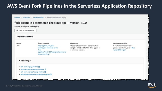 © 2019, Amazon Web Services, Inc. or its Affiliates.
AWS Event Fork Pipelines in the Serverless Application Repository
