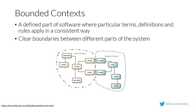 @hossambarakat_
Bounded Contexts
• A defined part of software where particular terms, definitions and
rules apply in a consistent way
• Clear boundaries between different parts of the system
https://martinfowler.com/bliki/BoundedContext.html
