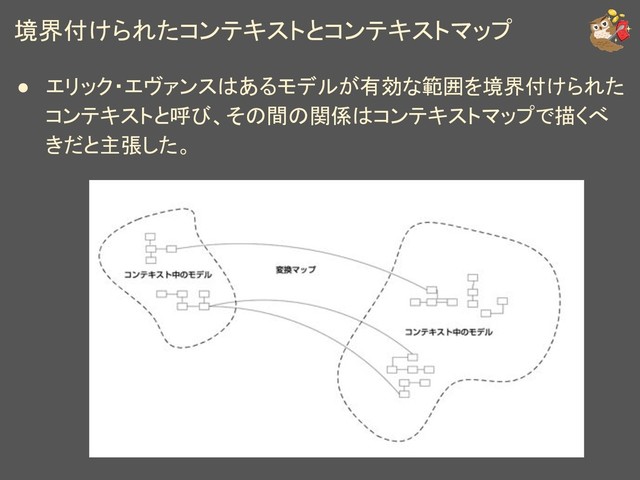 境界付けられたコンテキストとコンテキストマップ
● エリック・エヴァンスはあるモデルが有効な範囲を境界付けられた
コンテキストと呼び、その間の関係はコンテキストマップで描くべ
きだと主張した。
