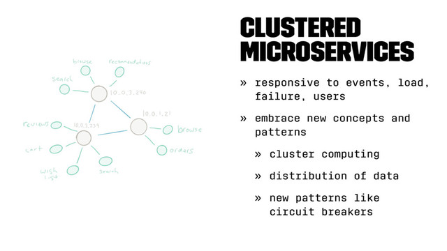 Clustered
microservices
» responsive to events, load,
failure, users
» embrace new concepts and
patterns
» cluster computing
» distribution of data
» new patterns like
circuit breakers
