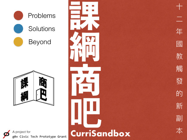 ՝
ߝ
঎
吧
Problems
Solutions
Beyond
⼗十
⼆二
年年
國
教
觸
發
的
新
副
本
CurriSandbox
A project for
g0v Civic Tech Prototype Grant
