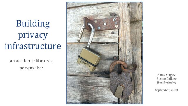 Building
privacy
infrastructure
Emily Singley
Boston College
@emilysingley
September, 2020
an academic library’s
perspective
