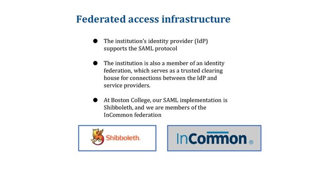 Federated access infrastructure
● The institution’s identity provider (IdP)
supports the SAML protocol
● The institution is also a member of an identity
federation, which serves as a trusted clearing
house for connections between the IdP and
service providers.
● At Boston College, our SAML implementation is
Shibboleth, and we are members of the
InCommon federation
