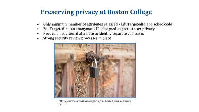 Preserving privacy at Boston College
• Only minimum number of attributes released - EduTargetedId and schoolcode
• EduTargetedId - an anonymous ID, designed to protect user privacy
• Needed an additional attribute to identify separate campuses
• Strong security review processes in place
https://commons.wikimedia.org/wiki/File:Locked_Door_of_Tajjar.j
pg
