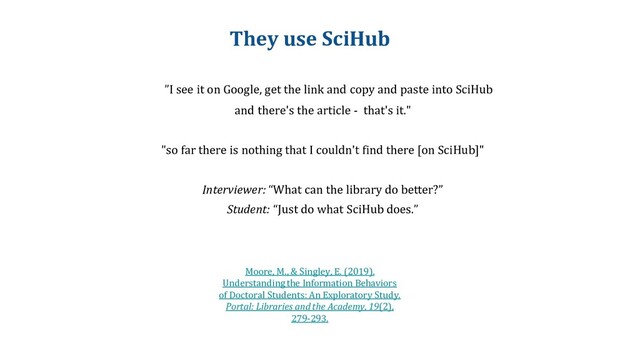 They use SciHub
Moore, M., & Singley, E. (2019).
Understanding the Information Behaviors
of Doctoral Students: An Exploratory Study.
Portal: Libraries and the Academy, 19(2),
279-293.
"””I see it on Google, get the link and copy and paste into SciHub
and there's the article - that's it."
"so far there is nothing that I couldn't find there [on SciHub]"
Interviewer: “What can the library do better?”
Student: “Just do what SciHub does.”
