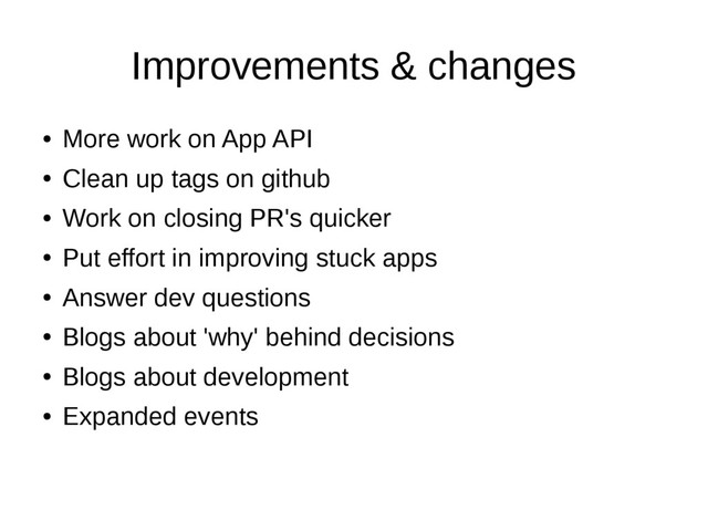 Improvements & changes
●
More work on App API
●
Clean up tags on github
●
Work on closing PR's quicker
●
Put effort in improving stuck apps
●
Answer dev questions
●
Blogs about 'why' behind decisions
●
Blogs about development
●
Expanded events
