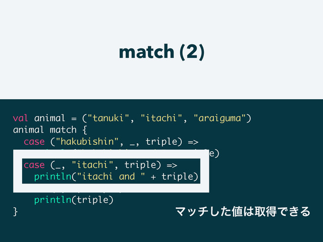 match (2)
val animal = ("tanuki", "itachi", "araiguma")
animal match {
case ("hakubishin", _, triple) =>
println("hakubishin and " + triple)
case (_, "itachi", triple) =>
println("itachi and " + triple)
case (_, _, triple) =>
println(triple)
} Ϛονͨ͠஋͸औಘͰ͖Δ
