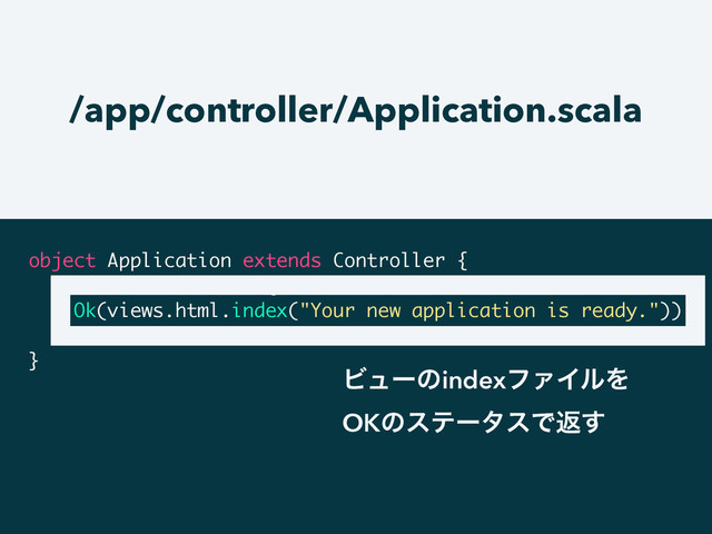 /app/controller/Application.scala
object Application extends Controller {
def index = Action {
Ok(views.html.index("Your new application is ready."))
}
}
ϏϡʔͷindexϑΝΠϧΛ
OKͷεςʔλεͰฦ͢
