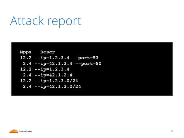 Attack report
40
!
Mpps Descr!
12.2 --ip=1.2.3.4 --port=53!
2.4 --ip=42.1.2.4 --port=80!
12.2 --ip=1.2.3.4!
2.4 --ip=42.1.2.4!
12.2 --ip=1.2.3.0/24!
2.4 --ip=42.1.2.0/24!
