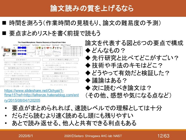 2020/6/1 2020ⒸSeitaro Shinagawa AHC-lab NAIST
論文読みの質を上げるなら
https://www.slideshare.net/Ochyai/1-
ftma15?ref=http://lafrenze.hatenablog.com/ent
ry/2015/08/04/120205
論文を代表する図と6つの要点で構成
◆どんなもの？
◆先行研究と比べてどこがすごい？
◆技術や手法のキモはどこ？
◆どうやって有効だと検証した？
◆議論はある？
◆次に読むべき論文は？
（その他、感想や気になる点など）
• 要点がまとめられれば、速読レベルでの理解としては十分
• だらだら読むより速く読めるし頭にも残りやすい
• あとで読み返せる、他人と共有できる利点もある
◼ 時間を測ろう（作業時間の見積もり、論文の難易度の予測）
◼ 要点まとめリストを書く前提で読もう
12/63
