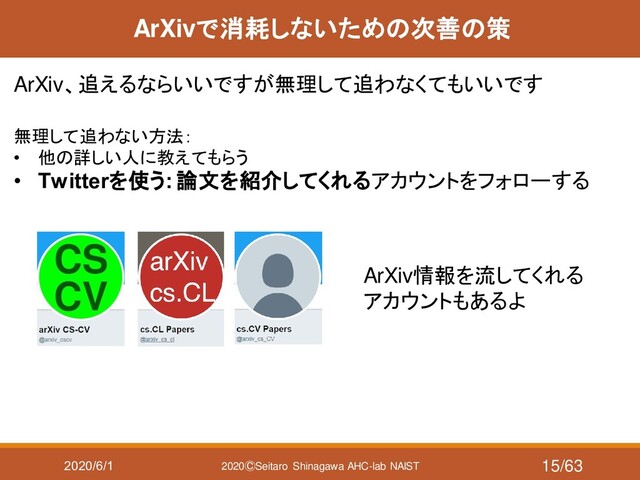 2020/6/1 2020ⒸSeitaro Shinagawa AHC-lab NAIST
ArXivで消耗しないための次善の策
ArXiv、追えるならいいですが無理して追わなくてもいいです
無理して追わない方法：
• 他の詳しい人に教えてもらう
• Twitterを使う: 論文を紹介してくれるアカウントをフォローする
ArXiv情報を流してくれる
アカウントもあるよ
15/63
