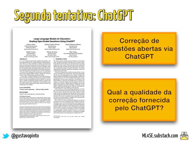 @gustavopinto ML4SE.substack.com
Segunda tentativa: ChatGPT
Correção de
questões abertas via
ChatGPT
Qual a qualidade da
correção fornecida
pelo ChatGPT?
