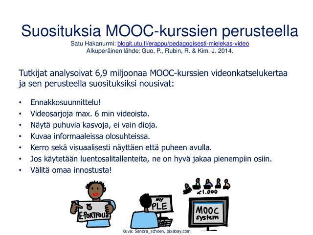 Suosituksia MOOC-kurssien perusteella
Satu Hakanurmi: blogit.utu.fi/erappu/pedagogisesti-mielekas-video
Alkuperäinen lähde: Guo, P., Rubin, R. & Kim. J. 2014.
Tutkijat analysoivat 6,9 miljoonaa MOOC-kurssien videonkatselukertaa
ja sen perusteella suosituksiksi nousivat:
• Ennakkosuunnittelu!
• Videosarjoja max. 6 min videoista.
• Näytä puhuvia kasvoja, ei vain dioja.
• Kuvaa informaaleissa olosuhteissa.
• Kerro sekä visuaalisesti näyttäen että puheen avulla.
• Jos käytetään luentosalitallenteita, ne on hyvä jakaa pienempiin osiin.
• Välitä omaa innostusta!
Kuva: Sandra_schoen, pixabay.com
