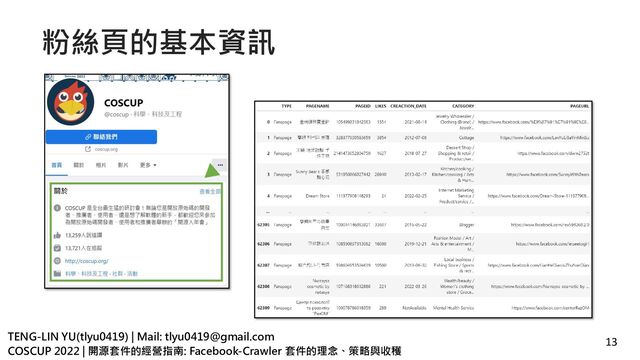 TENG-LIN YU(tlyu0419) | Mail: tlyu0419@gmail.com
COSCUP 2022 | 開源套件的經營指南: Facebook-Crawler 套件的理念、策略與收穫
粉絲頁的基本資訊
13
