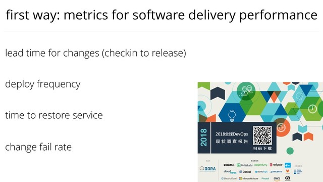 @jezhumble
time to restore service
lead time for changes (checkin to release)
deploy frequency
change fail rate
ﬁrst way: metrics for software delivery performance
