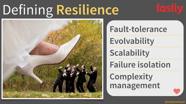 Defining Resilience
Fault-tolerance
Evolvability
Scalability
Failure isolation
Complexity
management
@randommood
♥
