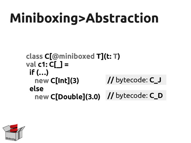 Miniboxing>Abstraction
Miniboxing>Abstraction
class C[@miniboxed T](t: T)
val c1: C[_] =
if (…)
new C[Int](3)
else
new C[Double](3.0)
// bytecode: C_J
// bytecode: C_D
