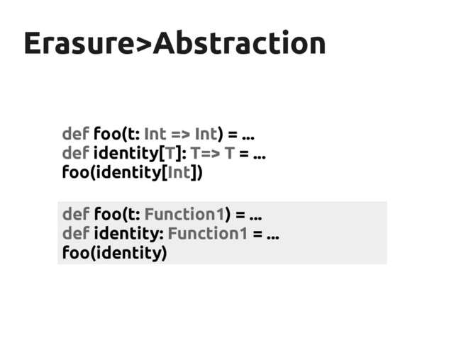 Erasure>Abstraction
Erasure>Abstraction
def foo(t: Int => Int) = ...
def identity[T]: T=> T = ...
foo(identity[Int])
def foo(t: Function1) = ...
def identity: Function1 = ...
foo(identity)
