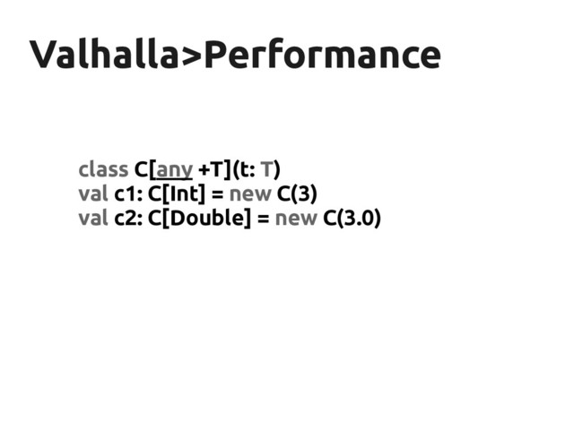 Valhalla>Performance
Valhalla>Performance
class C[any +T](t: T)
val c1: C[Int] = new C(3)
val c2: C[Double] = new C(3.0)
