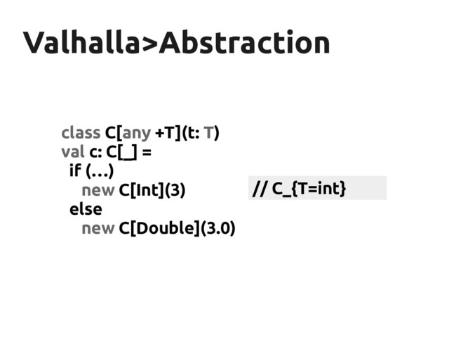 Valhalla>Abstraction
Valhalla>Abstraction
class C[any +T](t: T)
val c: C[_] =
if (…)
new C[Int](3)
else
new C[Double](3.0)
// C_{T=int}

