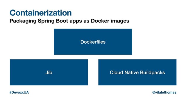 Containerization
Packaging Spring Boot apps as Docker images
#DevoxxUA @vitalethomas
Dockerﬁles
Cloud Native Buildpacks
Jib

