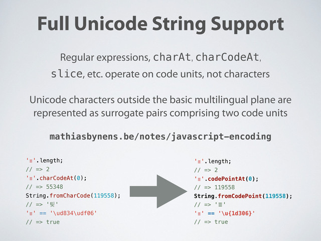 Full Unicode String Support
Unicode characters outside the basic multilingual plane are
represented as surrogate pairs comprising two code units
Regular expressions, charAt, charCodeAt,
slice, etc. operate on code units, not characters
''.length;
// => 2
''.charCodeAt(0);
// => 55348
String.fromCharCode(119558);
// => '팆'
'' == '\ud834\udf06'
// => true
''.length;
// => 2
''.codePointAt(0);
// => 119558
String.fromCodePoint(119558);
// => ''
'' == '\u{1d306}'
// => true
mathiasbynens.be/notes/javascript-encoding
