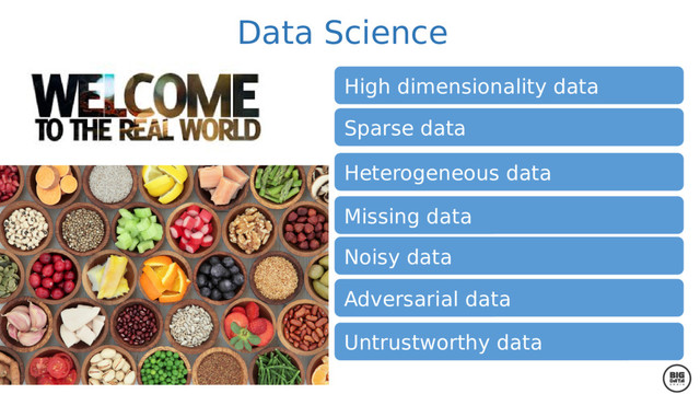 High dimensionality data
Sparse data
Heterogeneous data
Missing data
Noisy data
Adversarial data
Untrustworthy data
Data Science

