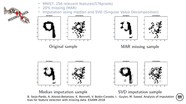 • MNIST, 256 relevant features(576pixels)
• 20% missing (MAR)
• Imputation using median and SVD (Singular Value Decomposition)
B. Seijo-Pardo, A. Alonso-Betanzos, K. Bennett, V. Bolón-Canedo, I. Guyon, M. Saeed. Analysis of imputation
bias for feature selection with missing data. ESANN 2018
