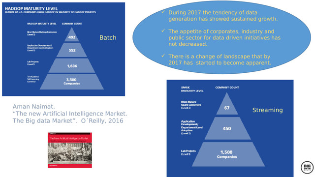 Batch
Streaming
Aman Naimat.
“The new Artificial Intelligence Market.
The Big data Market”. O´Reilly, 2016
 During 2017 the tendency of data
generation has showed sustained growth.
 The appetite of corporates, industry and
public sector for data driven initiatives has
not decreased.
 There is a change of landscape that by
2017 has started to become apparent.
