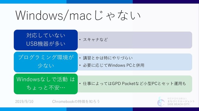 特定非営利活動法人
まちづくりエージェント
SIDE BEACH CITY.
Windows/macじゃない
• スキャナなど
対応していない
USB機器が多い
• 講習とかは特にやりづらい
• 必要に応じてWindows PCと併用
プログラミング環境が
少ない
• 仕事によってはGPD Pocketなど小型PCとセット運用も
Windowsなしで活動 は
ちょっと不安…
2019/9/10 Chromebookの特徴を知ろう

