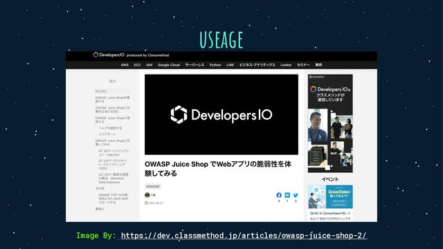 useage
Image By: https://dev.classmethod.jp/articles/owasp-juice-shop-2/
