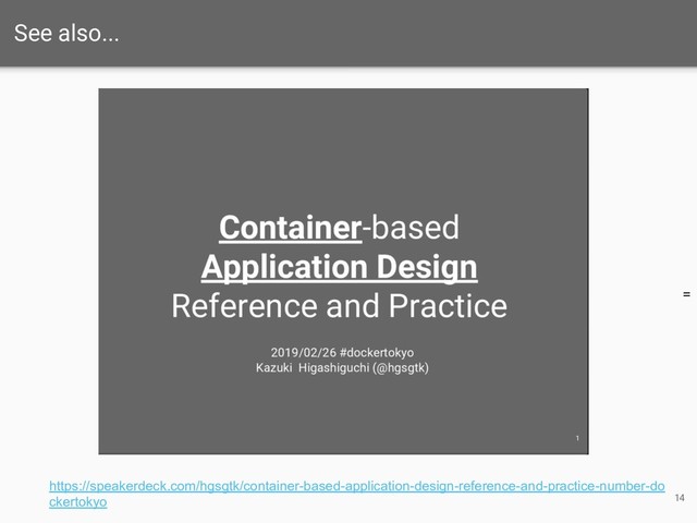 =
14
See also...
https://speakerdeck.com/hgsgtk/container-based-application-design-reference-and-practice-number-do
ckertokyo
