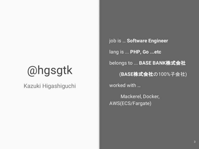 @hgsgtk
Kazuki Higashiguchi
job is … Software Engineer
lang is ... PHP, Go ...etc
belongs to ... BASE BANK株式会社
(BASE株式会社の100%子会社)
worked with …
Mackerel, Docker,
AWS(ECS/Fargate)
3

