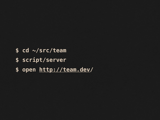 $ cd ~/src/team
$ script/server
$ open http://team.dev/
