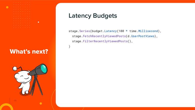 170
What’s next?
Latency Budgets
stage.Series(budget.Latency(100 * time.Millisecond),
stage.FetchRecentlyViewedPosts(d.UserPostViews),
stage.FilterRecentlyViewedPosts(),
)
