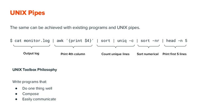 UNIX Pipes
Output log Print 4th column Count unique lines Sort numerical Print ﬁrst 5 lines
The same can be achieved with existing programs and UNIX pipes.
UNIX Toolbox Philosophy
Write programs that:
● Do one thing well
● Compose
● Easily communicate
$ cat monitor.log | awk '{print $4}' | sort | uniq -c | sort -nr | head -n 5
