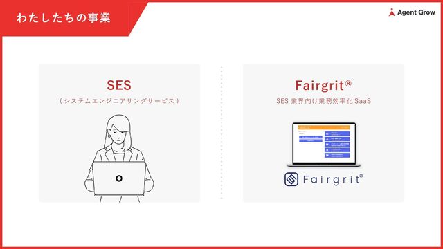 わたしたちの事業
SES
( システムエンジニアリングサービス )
Fairgrit®
SES 業界向け業務効率化 SaaS
